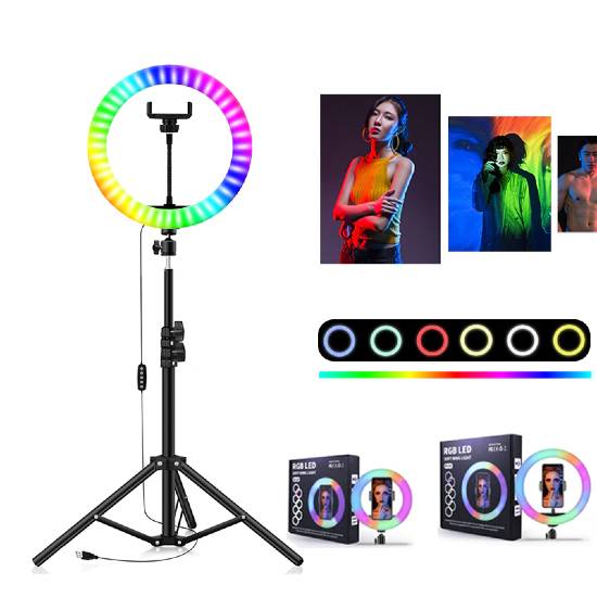Ring Light  RGB  MJ14 36cm Diâmetro-Tripé Suporte p/ 3 Telemóveis
