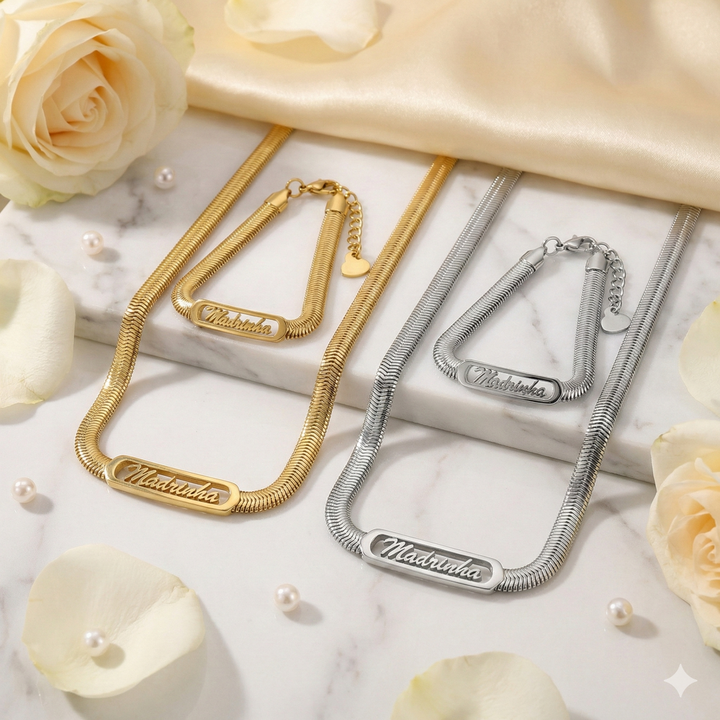 Pulseira + Colar em Malha de Aço com dedicatória Madrinha.