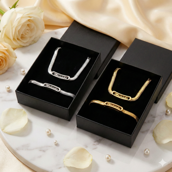 Pulseira + Colar em Malha de Aço com dedicatória Madrinha.