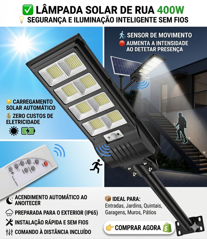 Lâmpada Solar de Exterior 400W com Sensor de Movimento