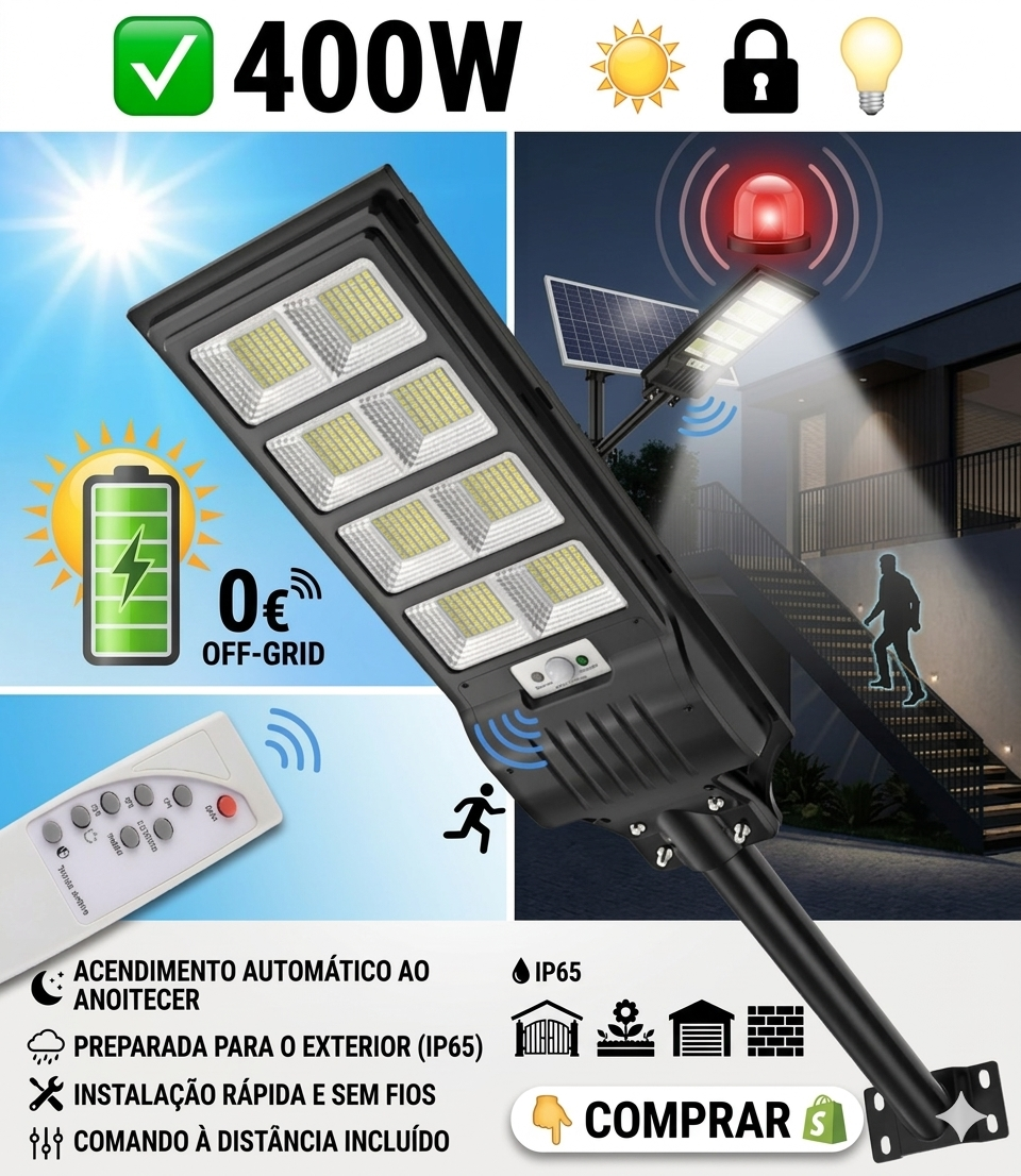 Lâmpada Solar de Exterior 400W com Sensor de Movimento