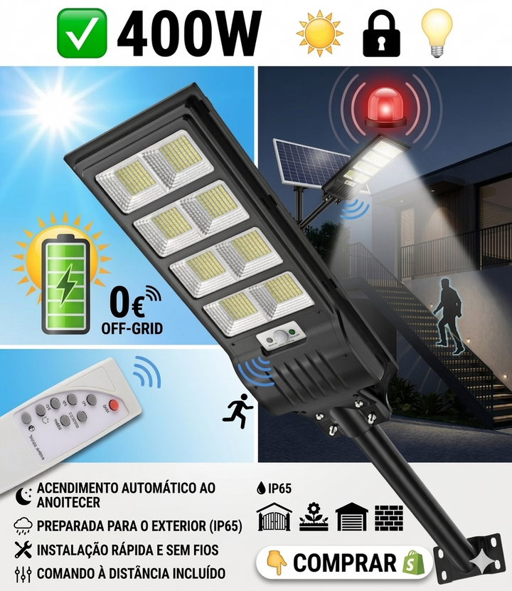 Lâmpada Solar de Exterior 400W com Sensor de Movimento