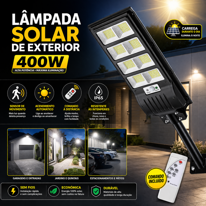 Lâmpada Solar de Exterior 400W com Sensor de Movimento