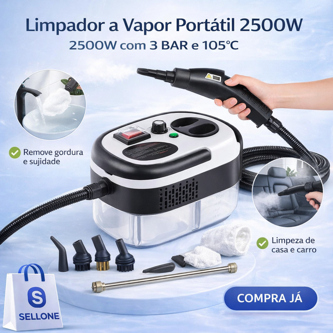 Limpador a Vapor Portátil 2500W – Potência Profissional sem Químicos
