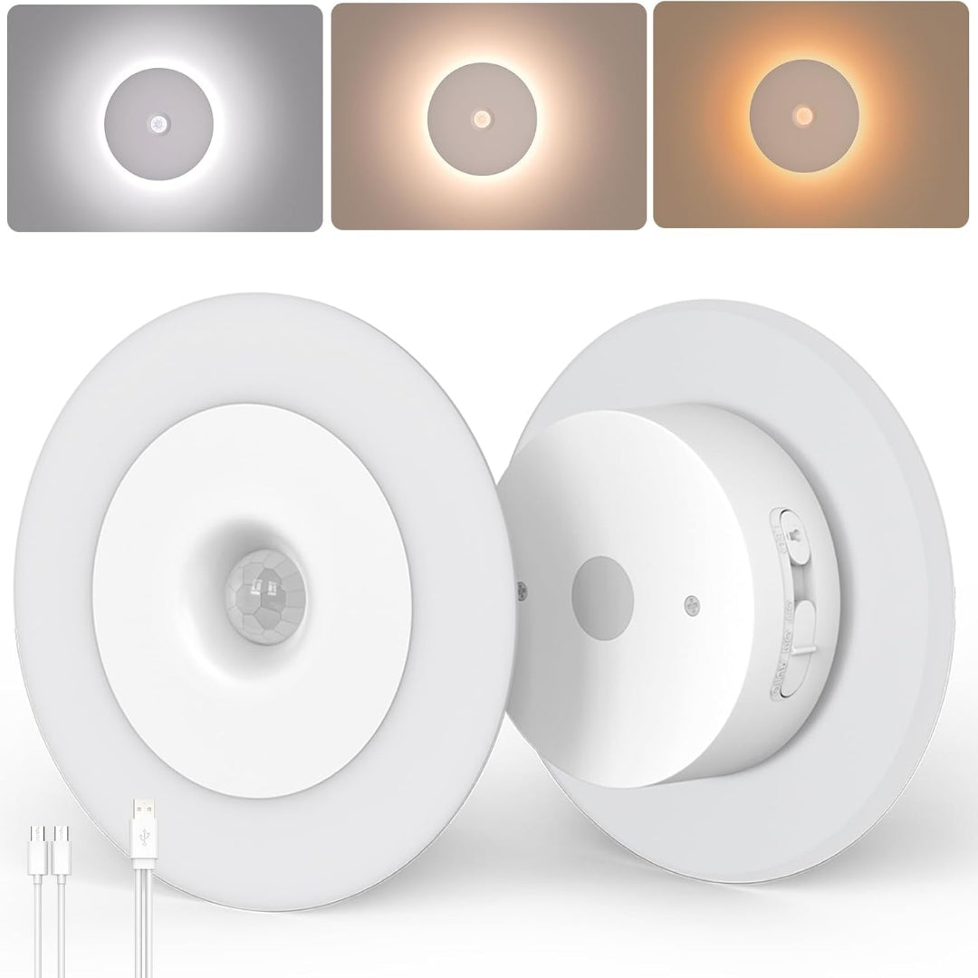 Luz Noturna LED com Sensor de Movimento – Recarregável, 3 Cores de Luz e Intensidade Regulável