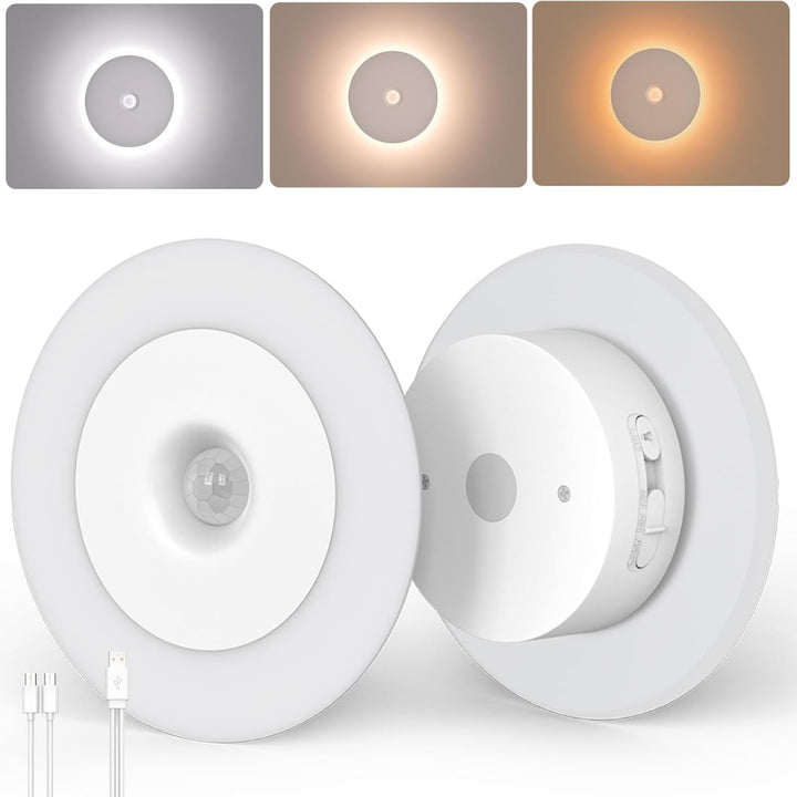 Luz Noturna LED com Sensor de Movimento – Recarregável, 3 Cores de Luz e Intensidade Regulável