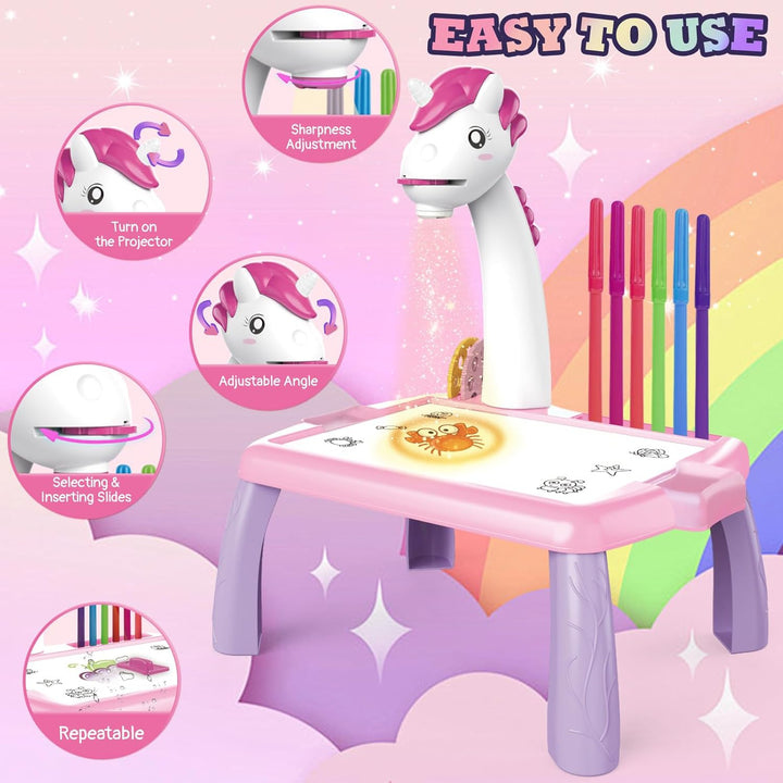 Mesa de Desenho com Projetor Infantil de 48 Peças Unicórnio Rosa