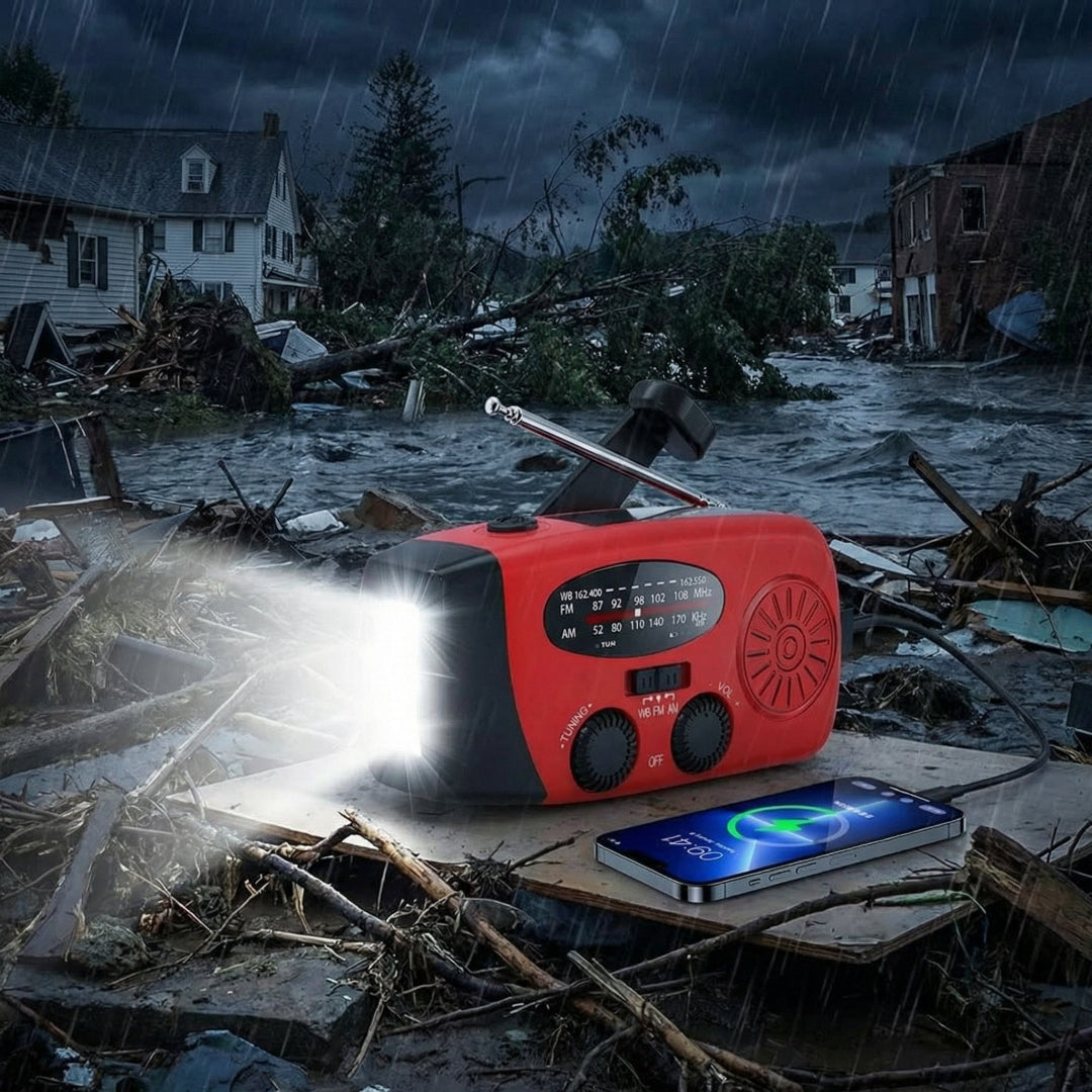 Rádio e Lanterna Multiusos a Manivela de Emergência