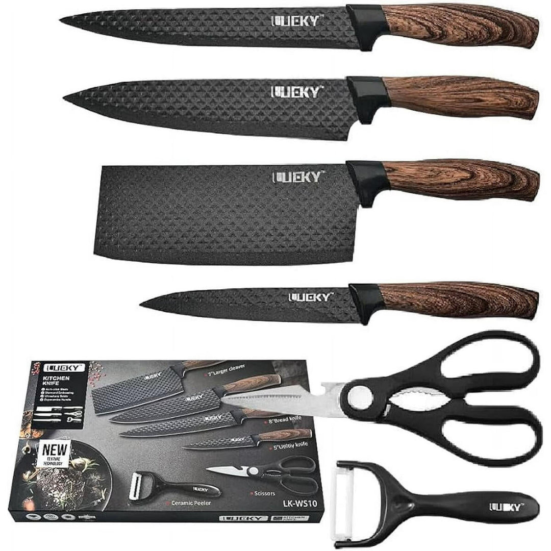 Conjunto de Facas de Cozinha 6 Peças com Tesoura e Descascador – Preto Premium
