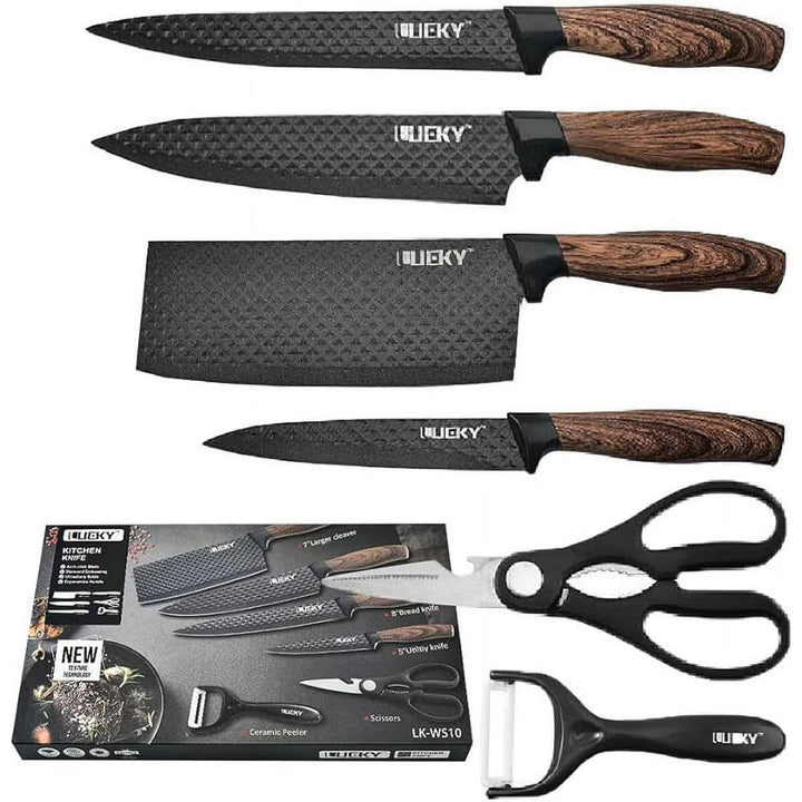 Conjunto de Facas de Cozinha 6 Peças com Tesoura e Descascador – Preto Premium
