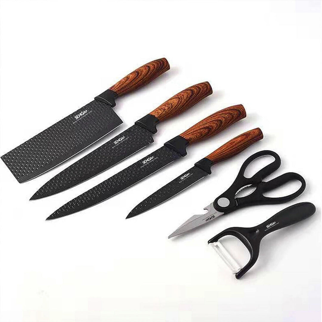 Conjunto de Facas de Cozinha 6 Peças com Tesoura e Descascador – Preto Premium