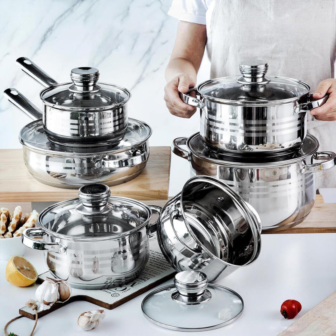 Bateria de Cozinha Premium 12 Peças em Aço Inoxidável