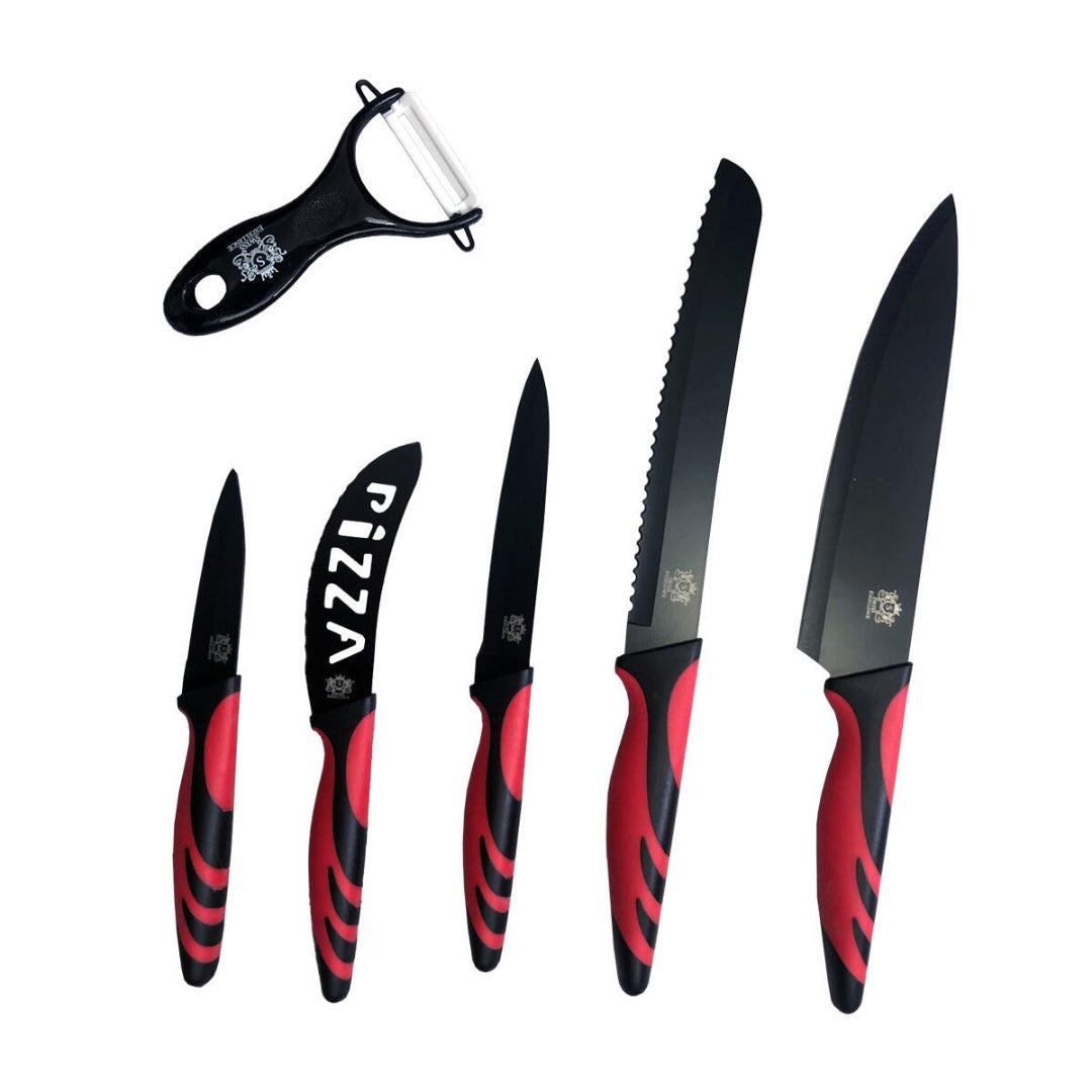 Conjunto de Facas de Cozinha Profissionais 6 Peças em Aço Inoxidável – Vermelho
