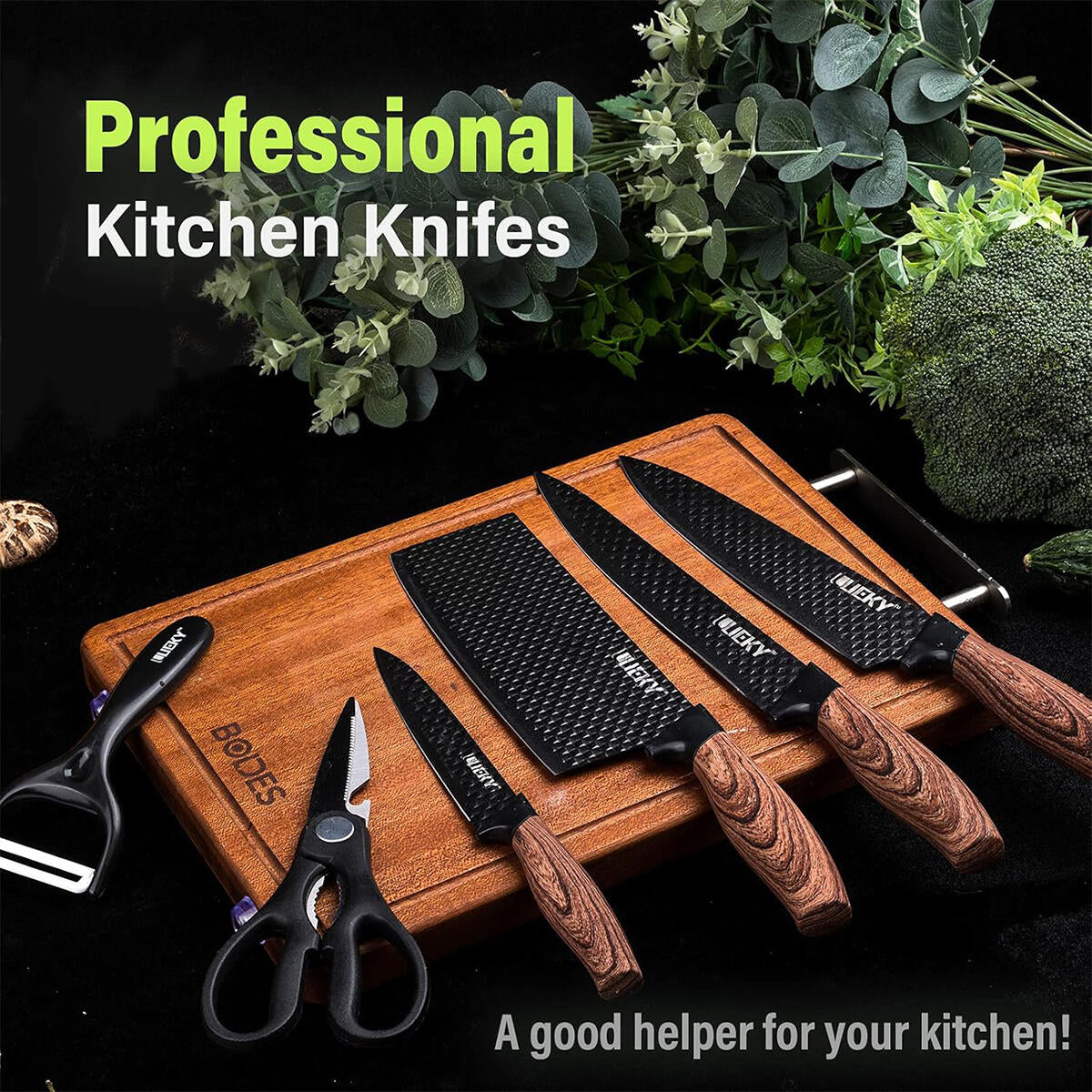 Conjunto de Facas de Cozinha 6 Peças com Tesoura e Descascador – Preto Premium