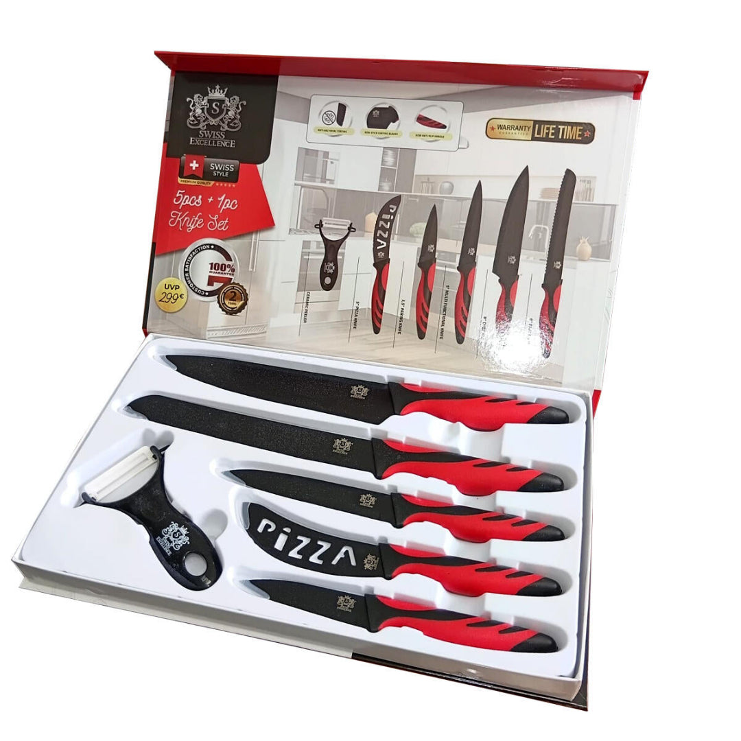 Conjunto de Facas de Cozinha Profissionais 6 Peças em Aço Inoxidável – Vermelho