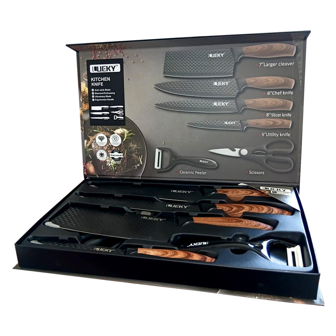Conjunto de Facas de Cozinha 6 Peças com Tesoura e Descascador – Preto Premium