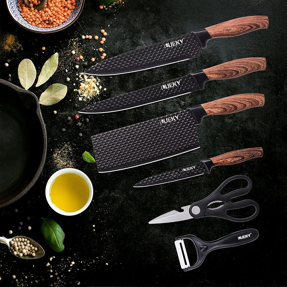 Conjunto de Facas de Cozinha 6 Peças com Tesoura e Descascador – Preto Premium