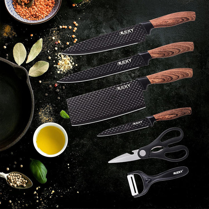 Conjunto de Facas de Cozinha 6 Peças com Tesoura e Descascador – Preto Premium