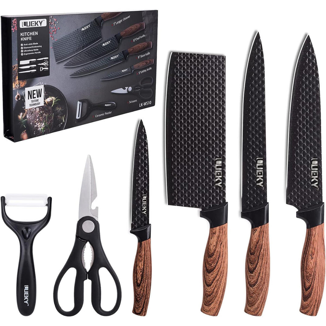 Conjunto de Facas de Cozinha 6 Peças com Tesoura e Descascador – Preto Premium