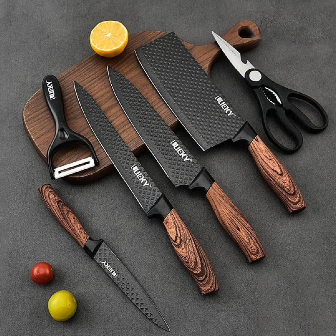Conjunto de Facas de Cozinha 6 Peças com Tesoura e Descascador – Preto Premium
