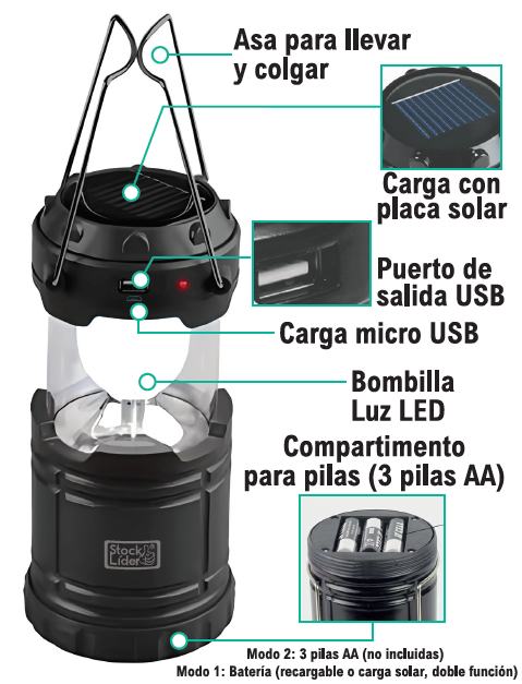 Lanterna de Campismo Solar + Pilhas