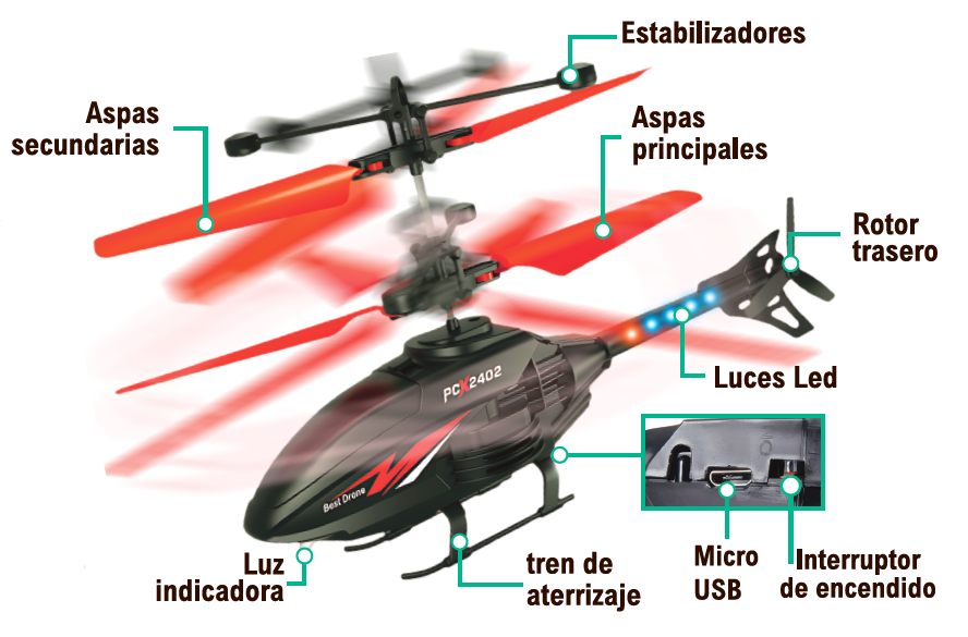 Helicóptero com Comando – Modelo Apache com Luzes LED
