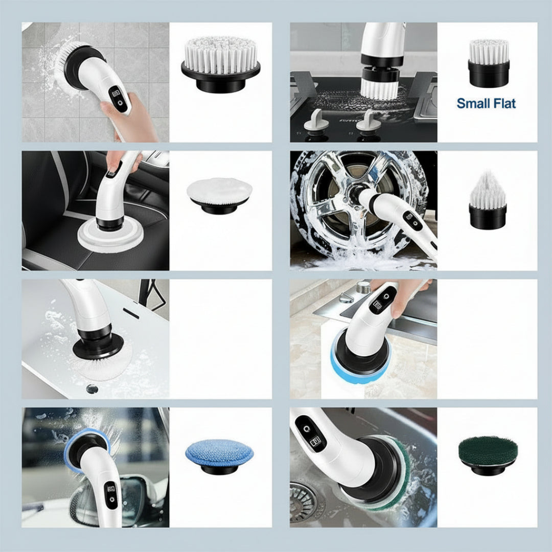 Escova Elétrica de Limpeza Giratória Sem Fios com 9 Cabeças – Casa, Casa de Banho e Automóvel