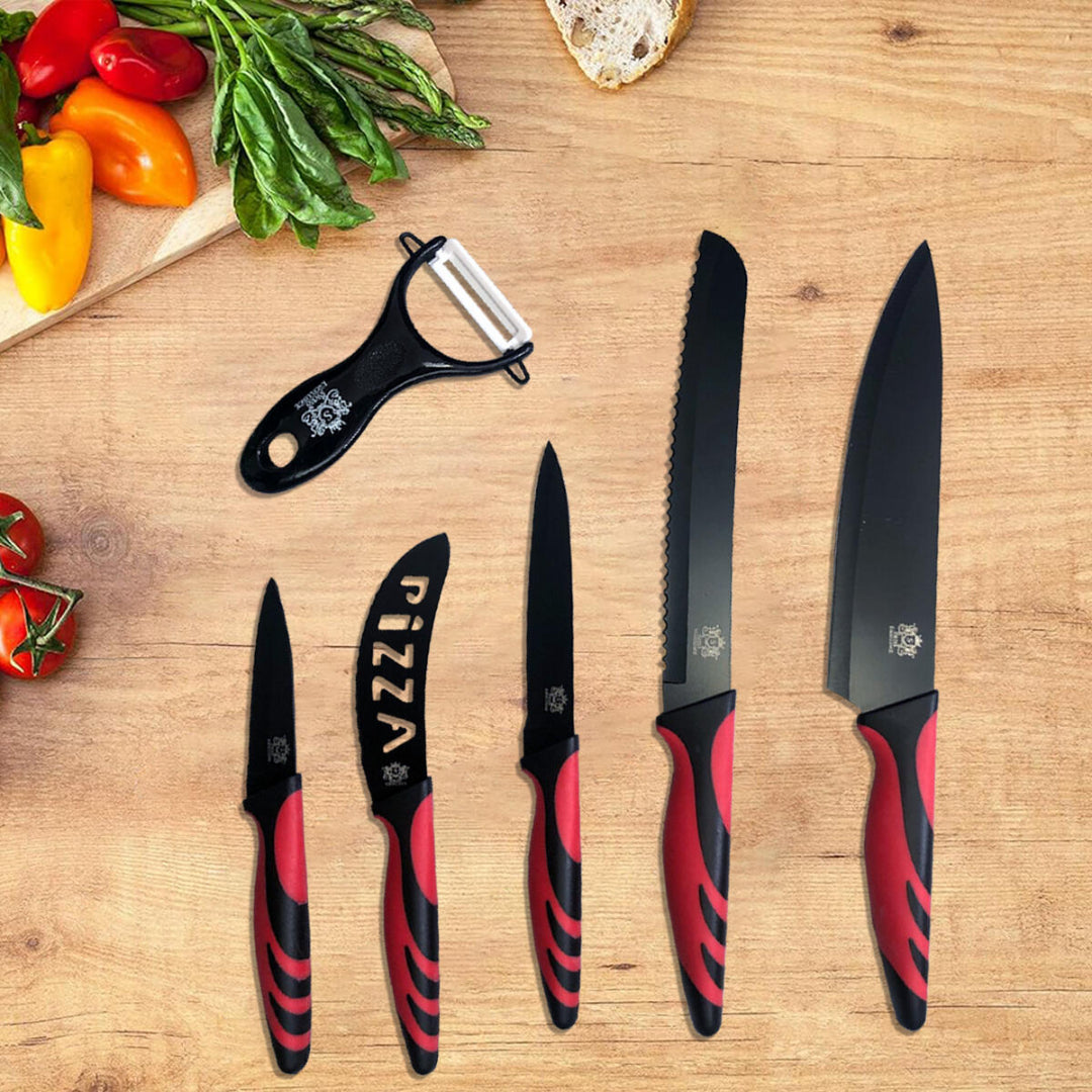 Conjunto de Facas de Cozinha Profissionais 6 Peças em Aço Inoxidável – Vermelho