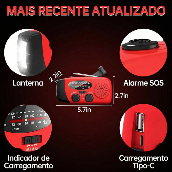 Rádio e Lanterna Multiusos a Manivela de Emergência