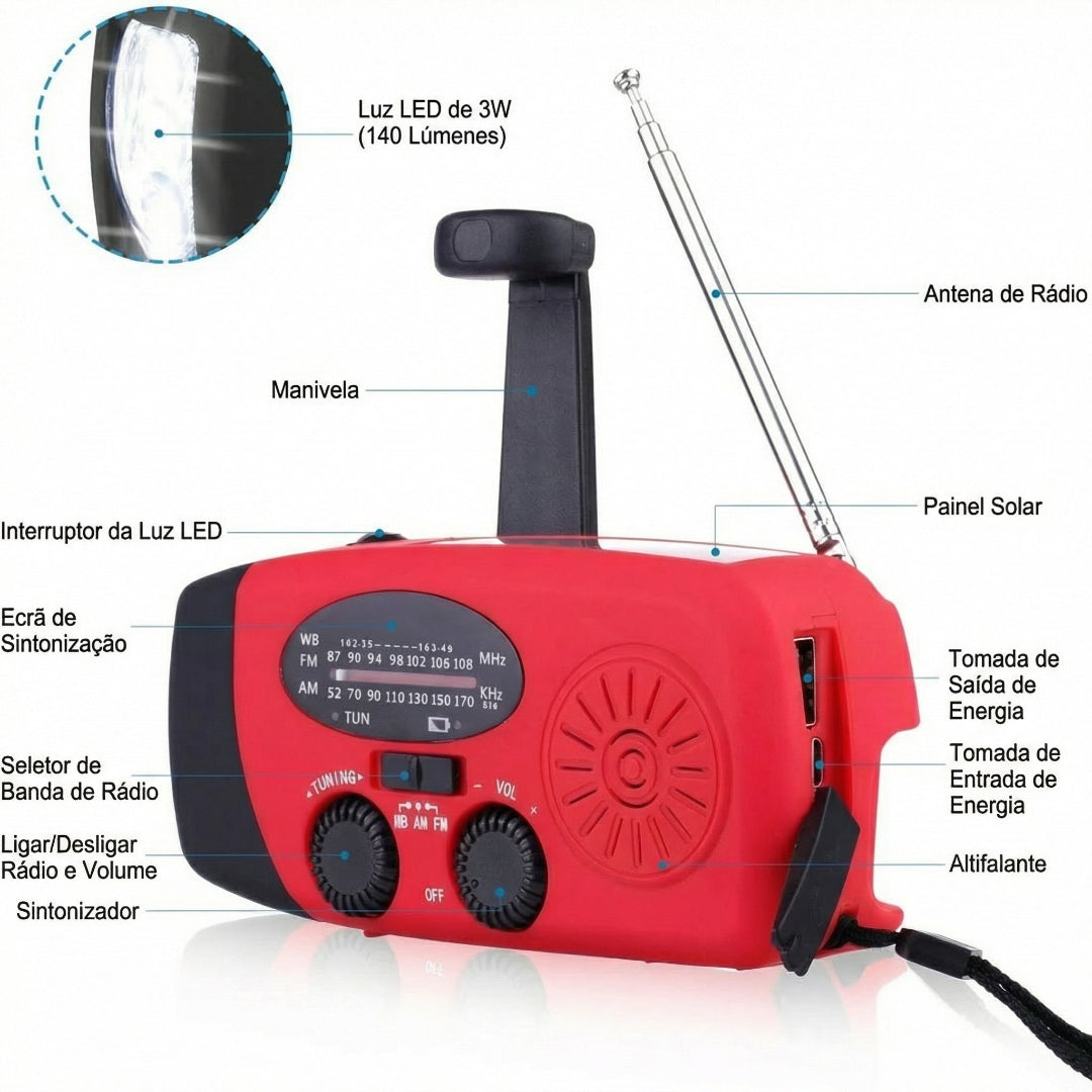 Rádio e Lanterna Multiusos a Manivela de Emergência